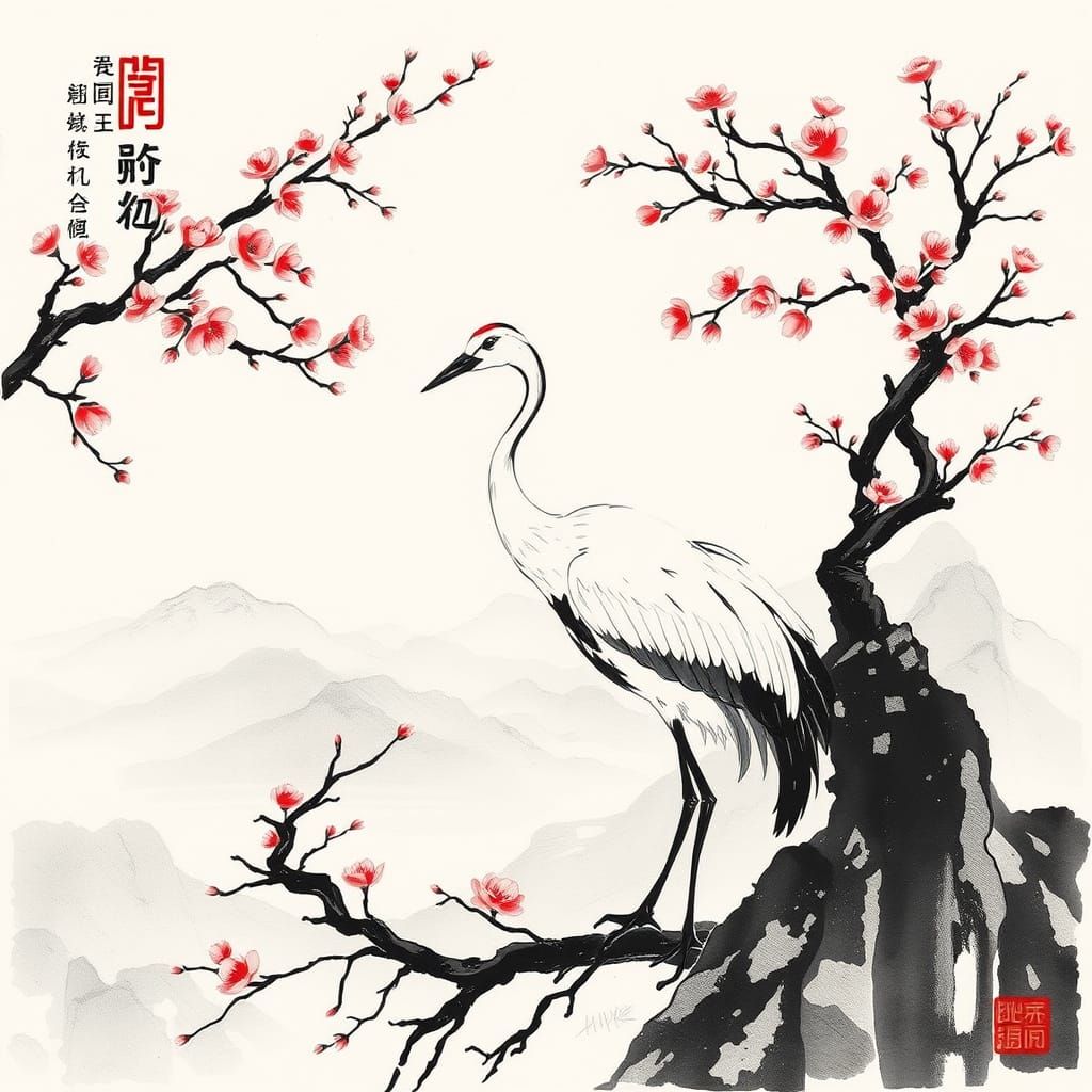 Elegant Crane Amidst Plum Blossoms in Traditional Chinese In...