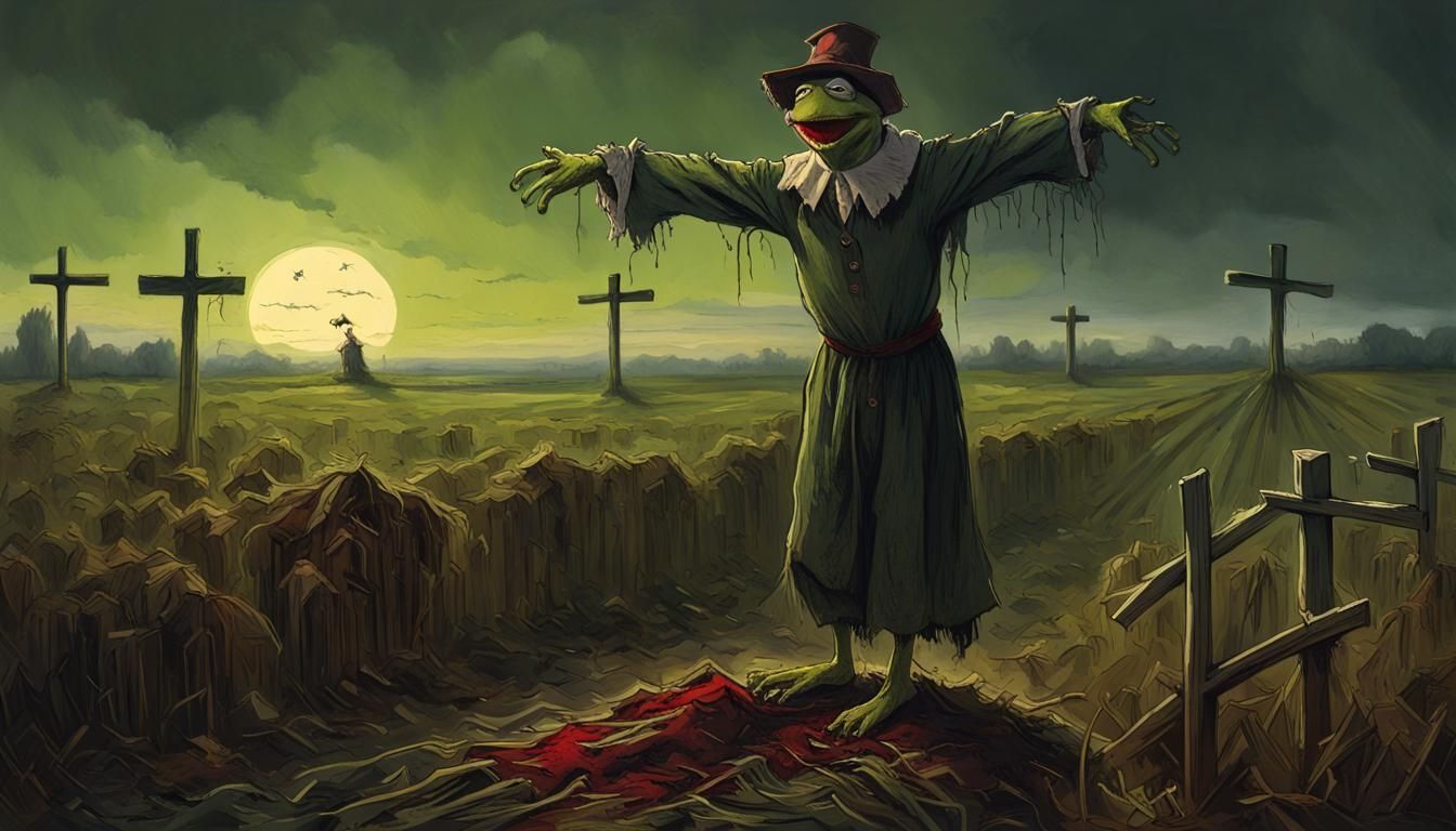 Evil Kermit Scarecrow in a Farm Field