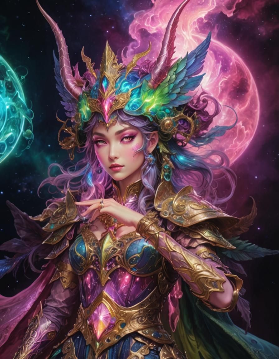 Mystical Demon Adventurer Unleashes Cosmic Spell in Vibrant,...