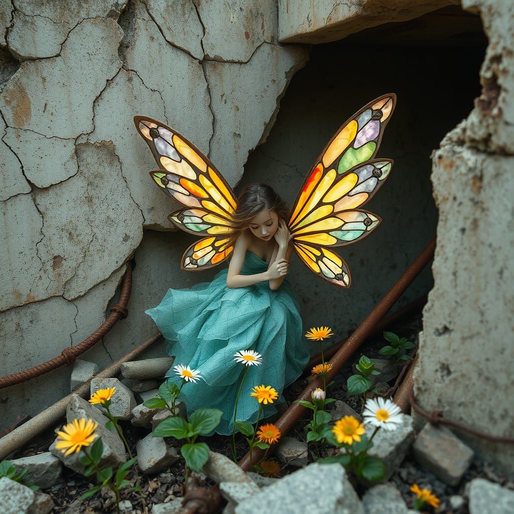 Luminous Fairy Nurturing Flowers in Brutalist Ruins