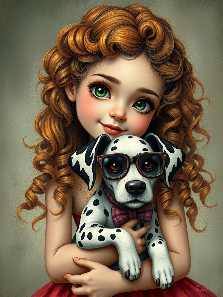 Pop Surreal Young Girl with Dalmatian in Esao Andrews Style