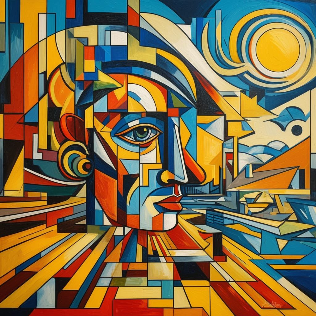 Fragmented Cubist Portrait with Vibrant Colors