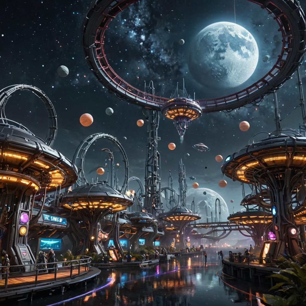 Futuristic Space Station Amusement Park in Artgerm Style