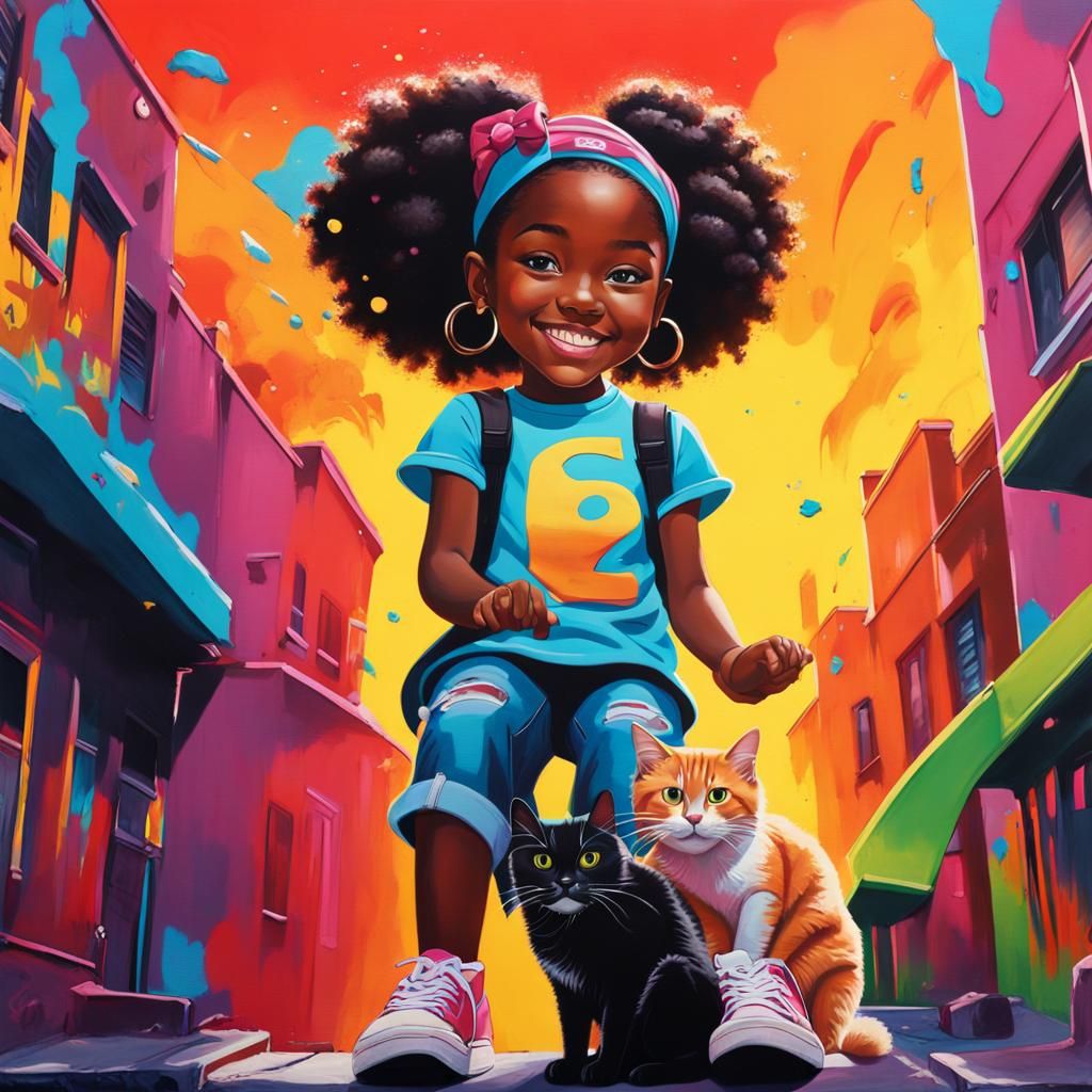 Smiling Girl with Cat Aunties in Vibrant Street Art