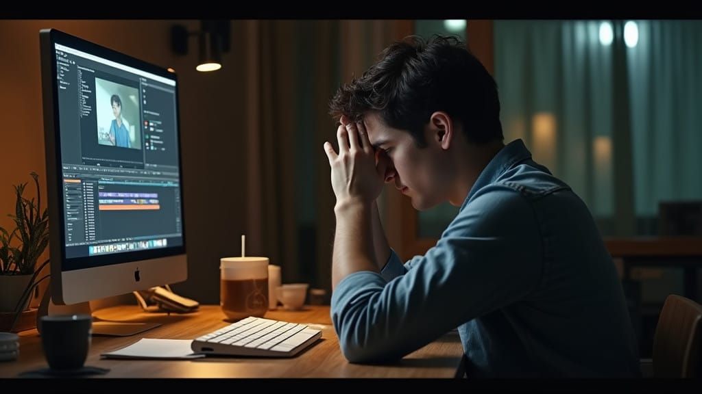 A Young Man Struggles with Premiere Pro in a Cinematic Setti...