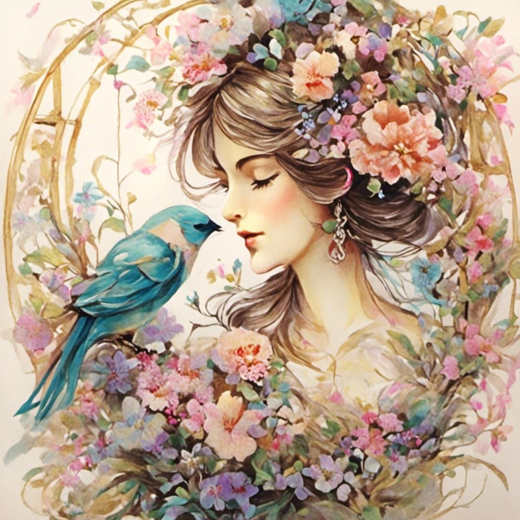 Vintage Lady with Birdcage: Whimsical Illustration