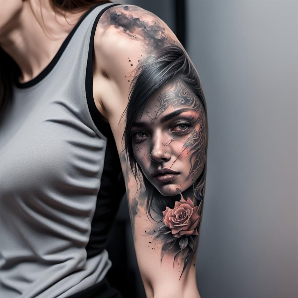 Hyperrealistic Tattoo Art: Detailed Portrait with Colorful A...
