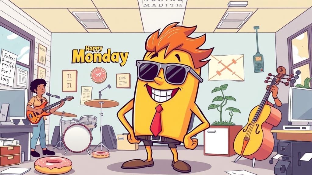 Personified Monday Rebrands as Happy Monday in Cartoon Style