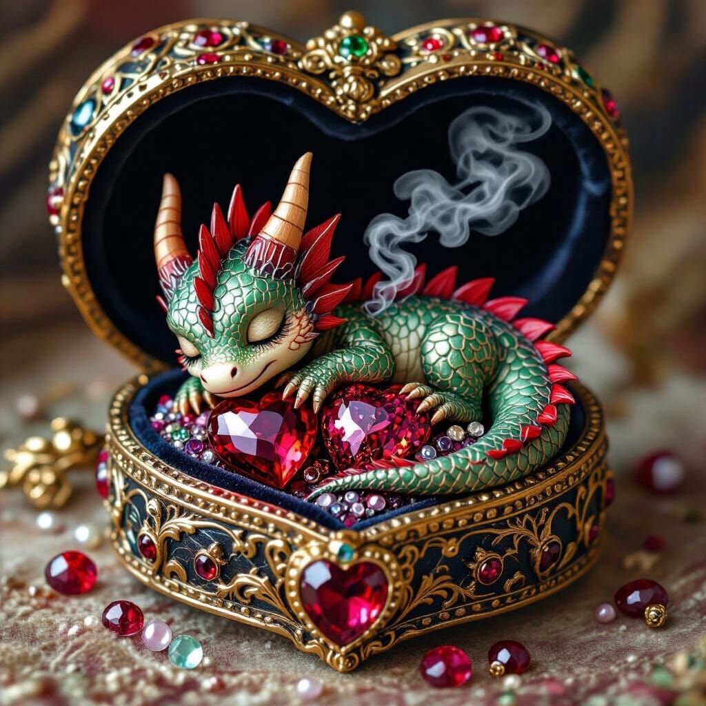 Sleeping Dragon in Jeweled Box, Whimsical Art