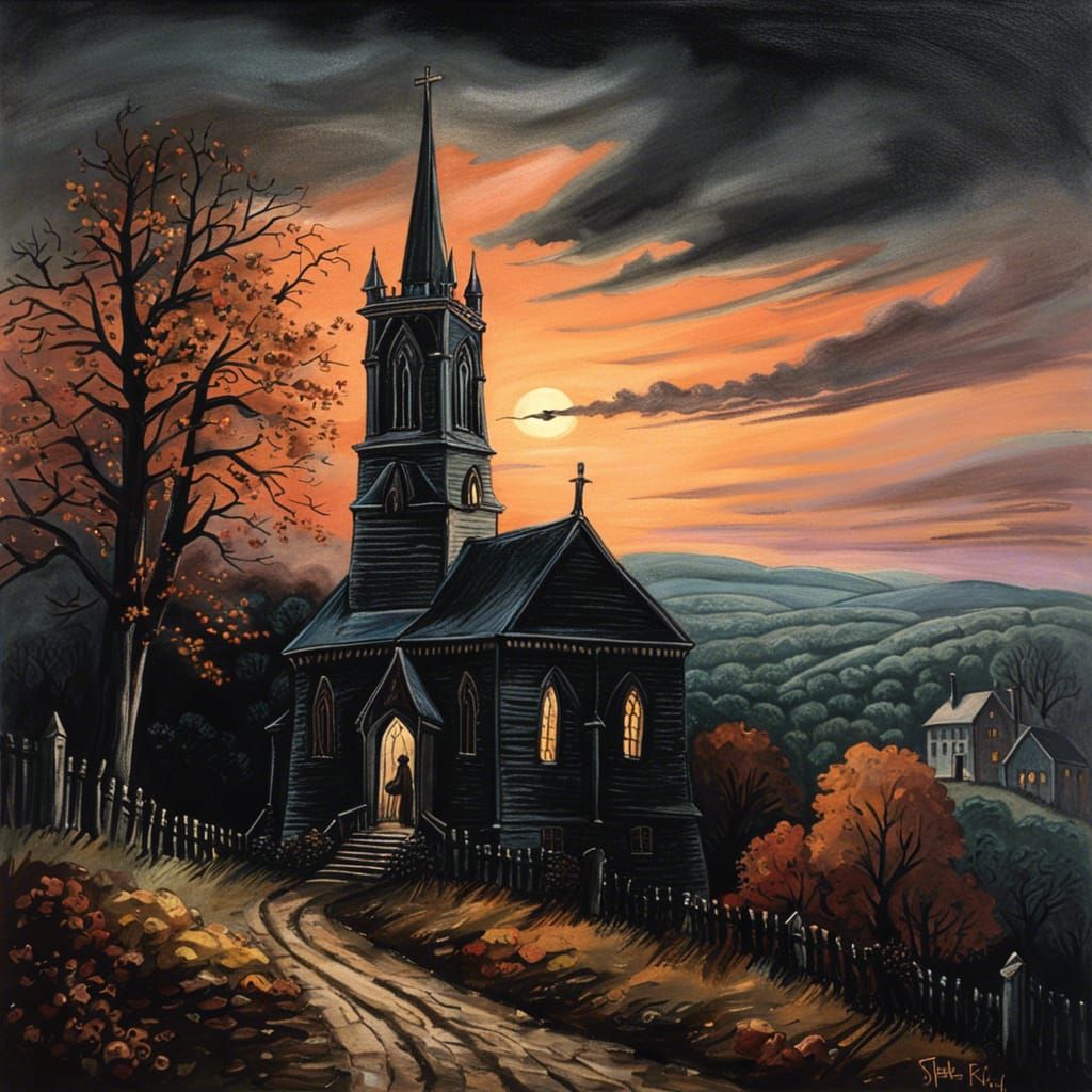 Sinister Gothic Church in Autumnal Pastel Storybook Style