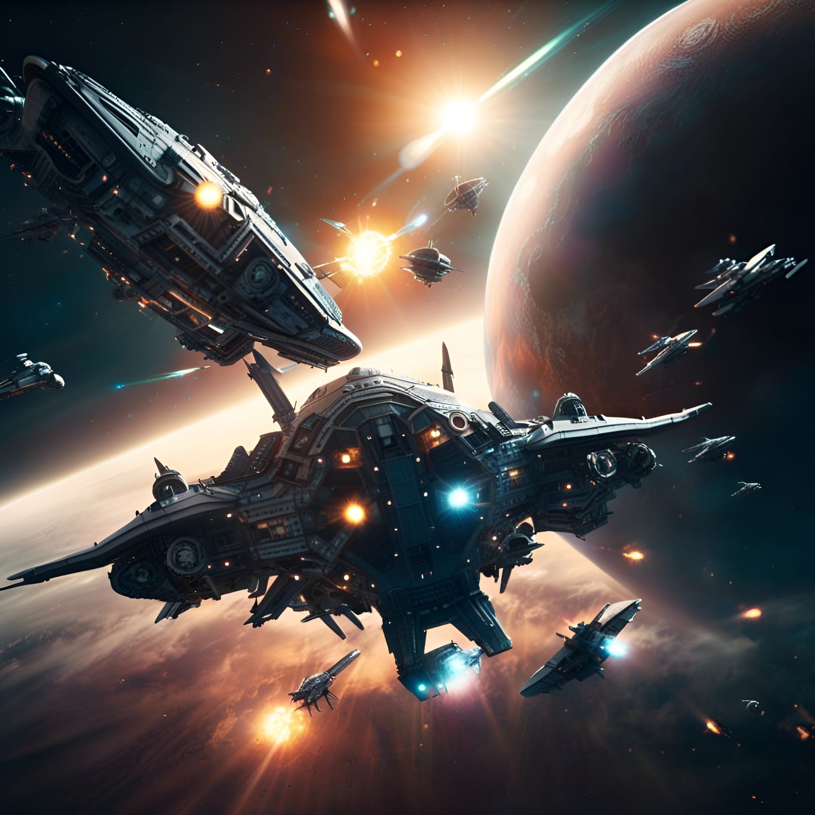Spaceships Dogfighting in Space: Epic Digital Painting