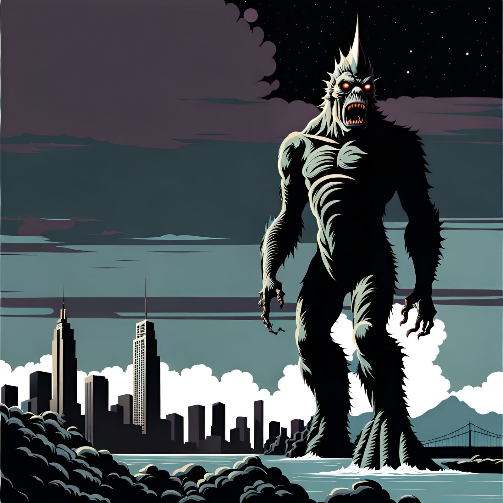 1950s science-fiction film where a kaiju Giant Living dead Zombie destroys Los Angeles Hyperrealistic, splash art, conce...