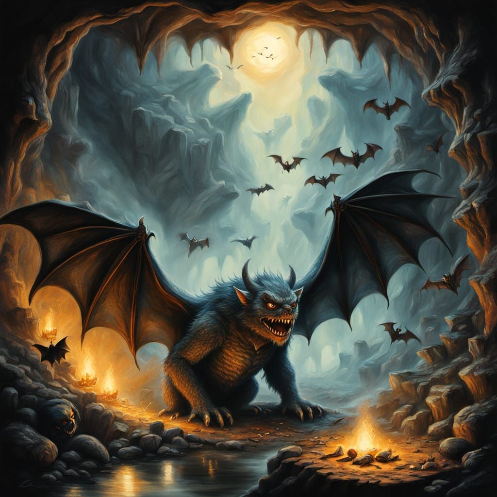 Monster in Bat Cave: Ethereal Charcoal Fantasy