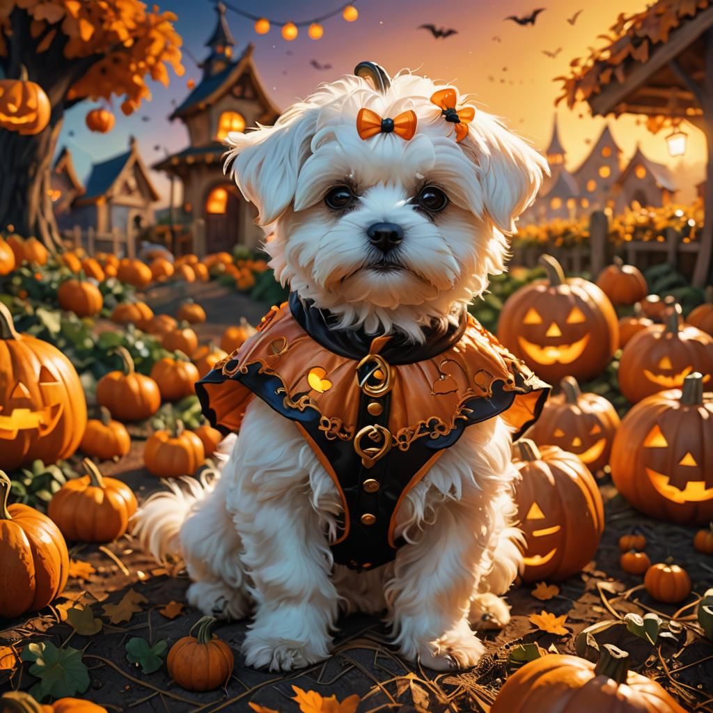 Adorable Maltese Puppy in Pumpkin Patch, Fantasy Art