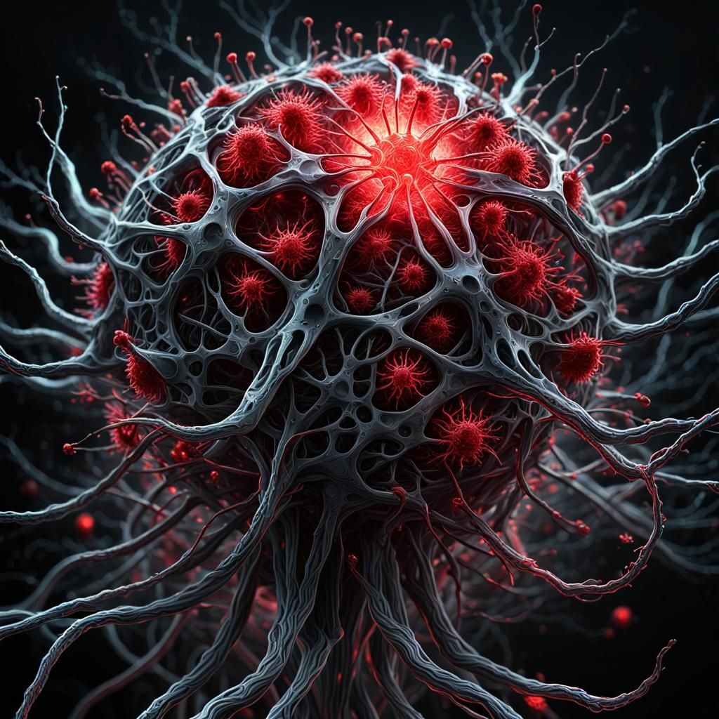 Vibrant Red Virus Particle in Dark Digital Art