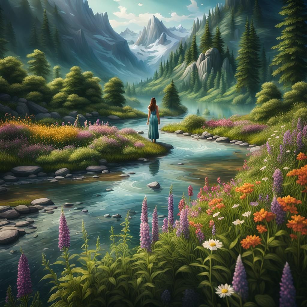 Fantasy River Landscape with Lush Greenery: 8K Masterpiece