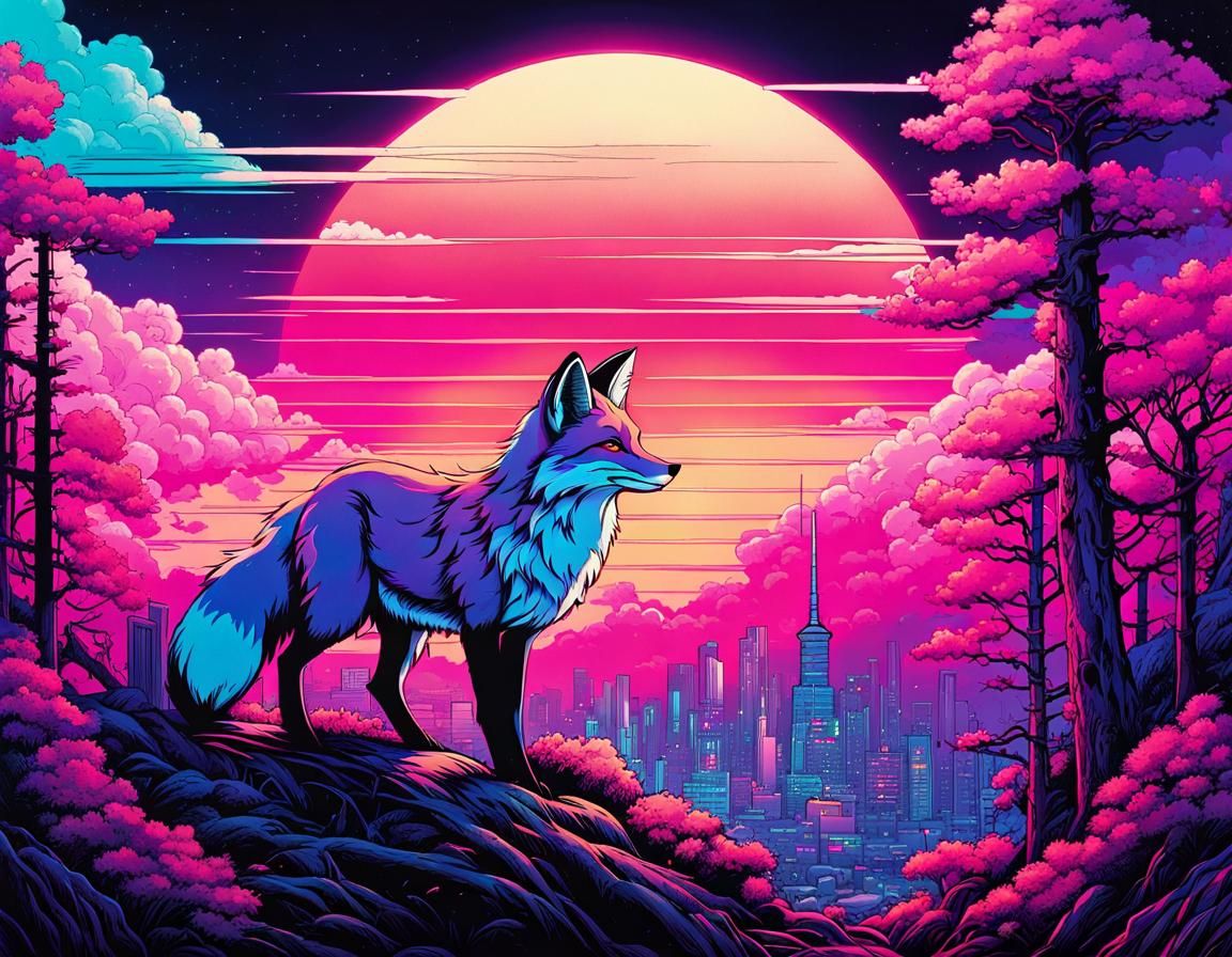 Vaporwave Fox in Cyberpunk Tokyo Forest