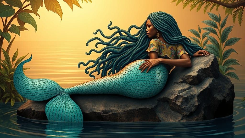 Majestic Mami Wata in Vibrant African Art Nouveau Style