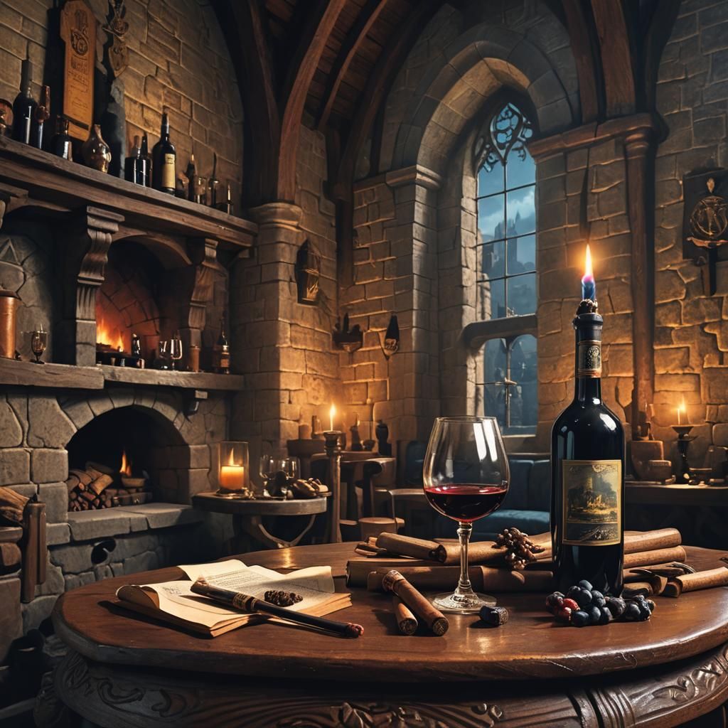 Medieval Castle Interior with Wine and Cigar