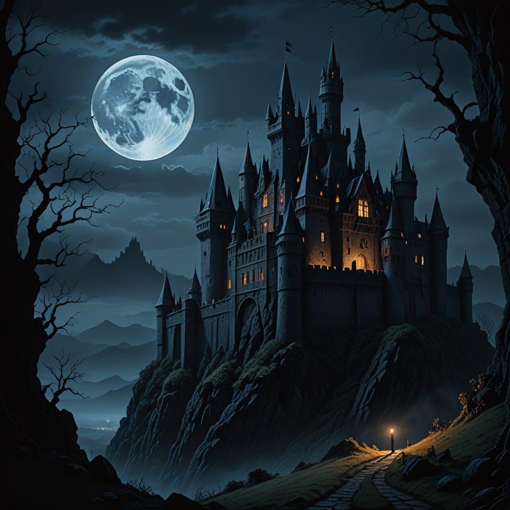 Gothic Castle Under Midnight Blue Skies
