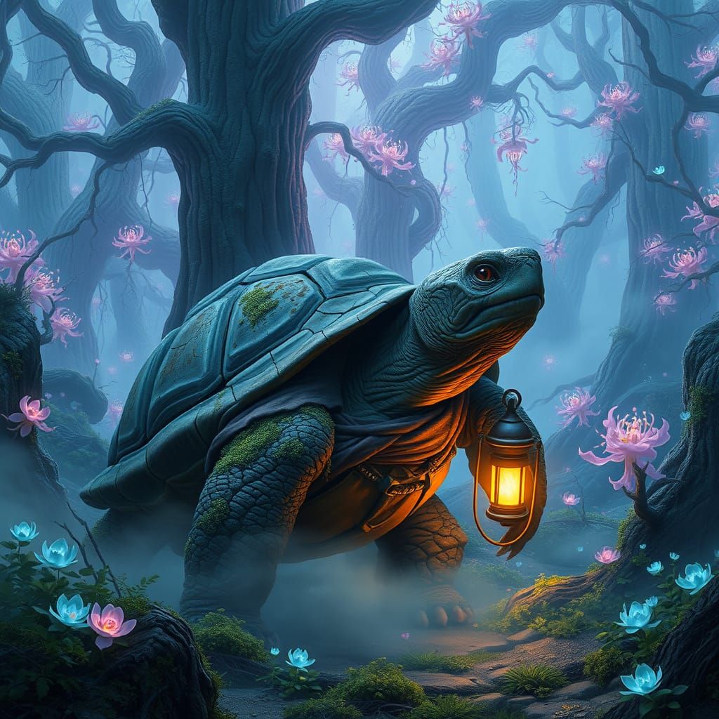 Wise Tortoise Wanders Bioluminescent Forest with Lantern