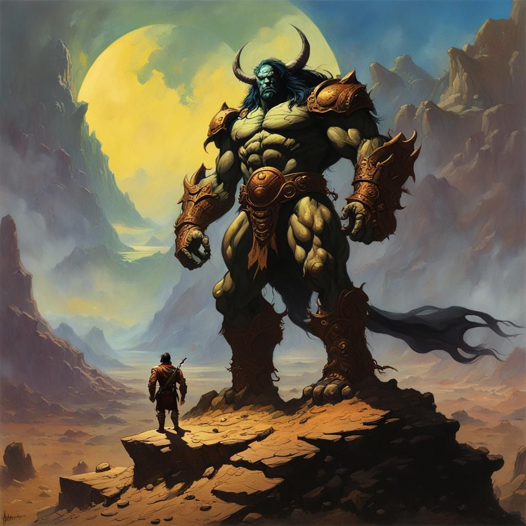 Titan in Bleak Landscape: Dark Fantasy Oil Painting