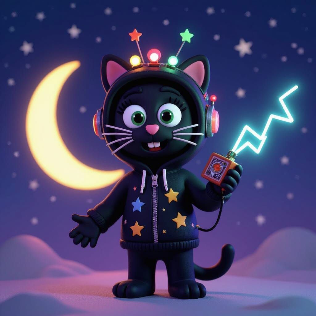 Claymation Black Cat with Radio in Starry Night