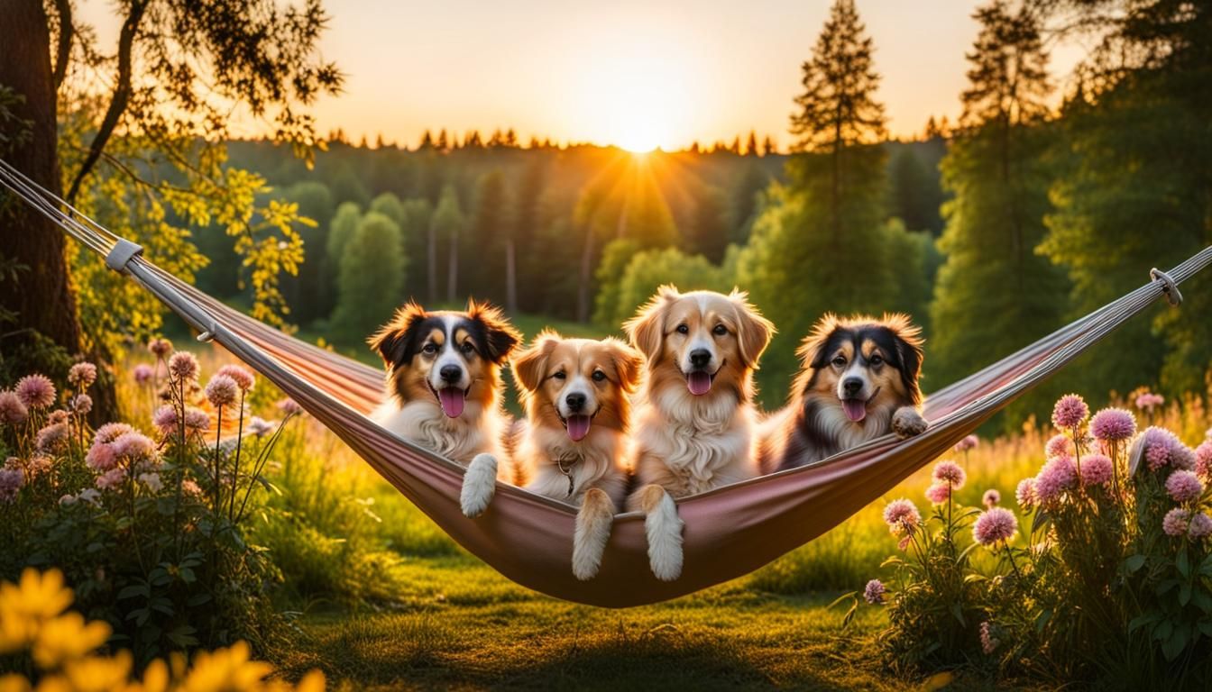 Dogs in Hammock at Sunset: Serene Forest Meadow
