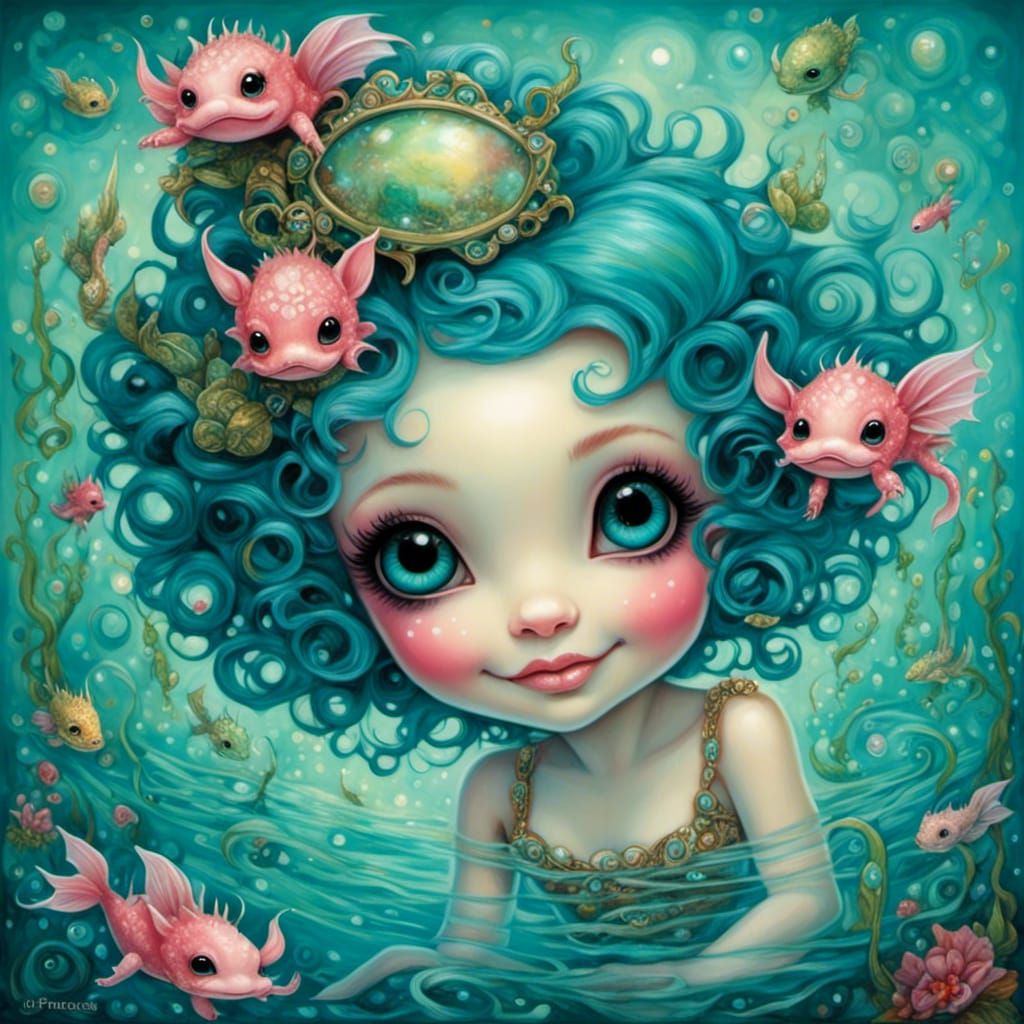 Chibi Axolotl Swimming in Turquoise Waters