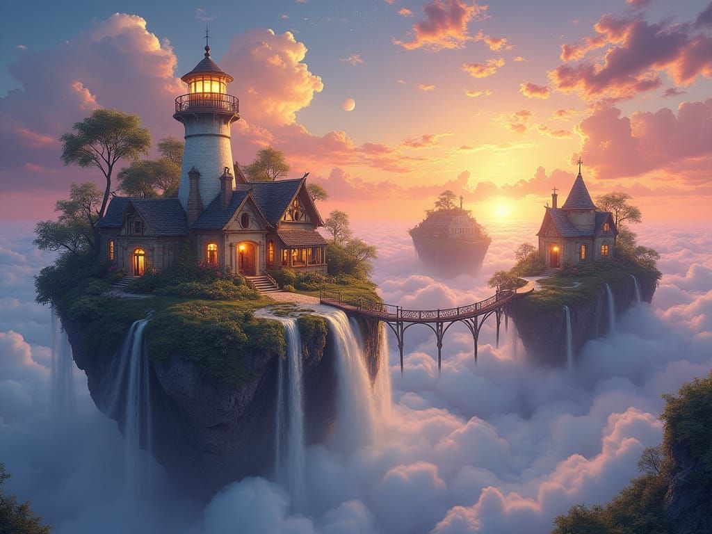 Floating Islands with Kinkade Architecture in Cosmic Sunset