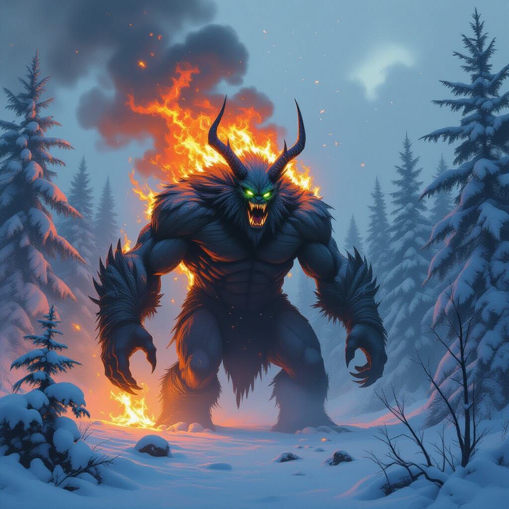 Flaming Tree Monster in Snowy Forest, Digital Art