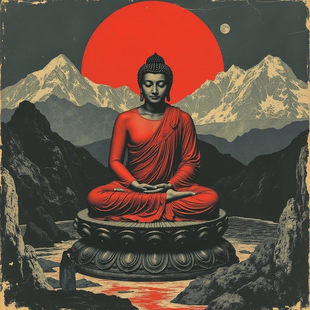 Abstract Red Buddha with Sacred Flames in Postpunk Style