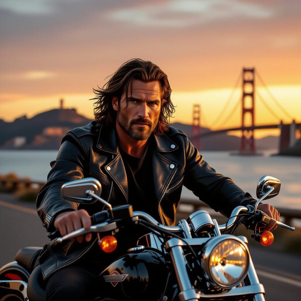 Motorcycle Rider with Alcatraz and Golden Gate at Twilight