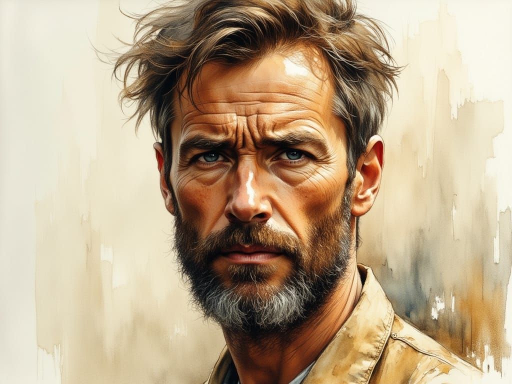 Rugged Man Portrait in Watercolor with Ethereal Lighting