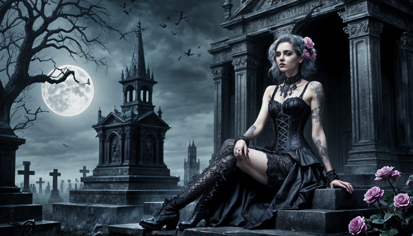 Gothic Girl in Cemetery Under Moonlight