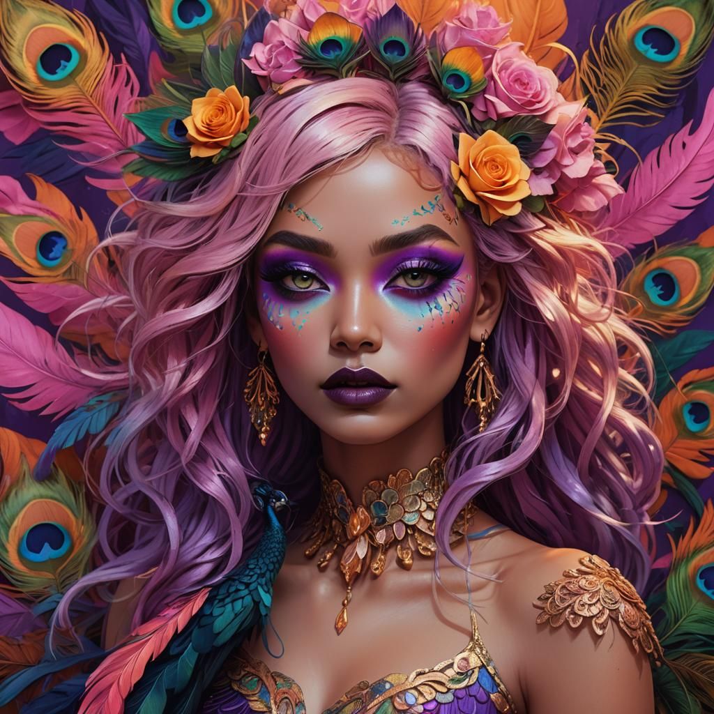 Rainbow Woman with Peacock Feathers: Fantasy Art