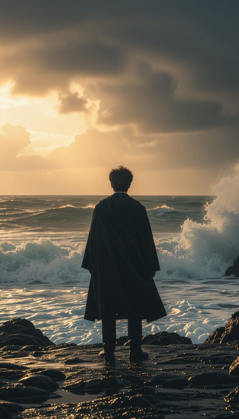 Harry Potter on a Stormy Coast, Cinematic Dark Fantasy