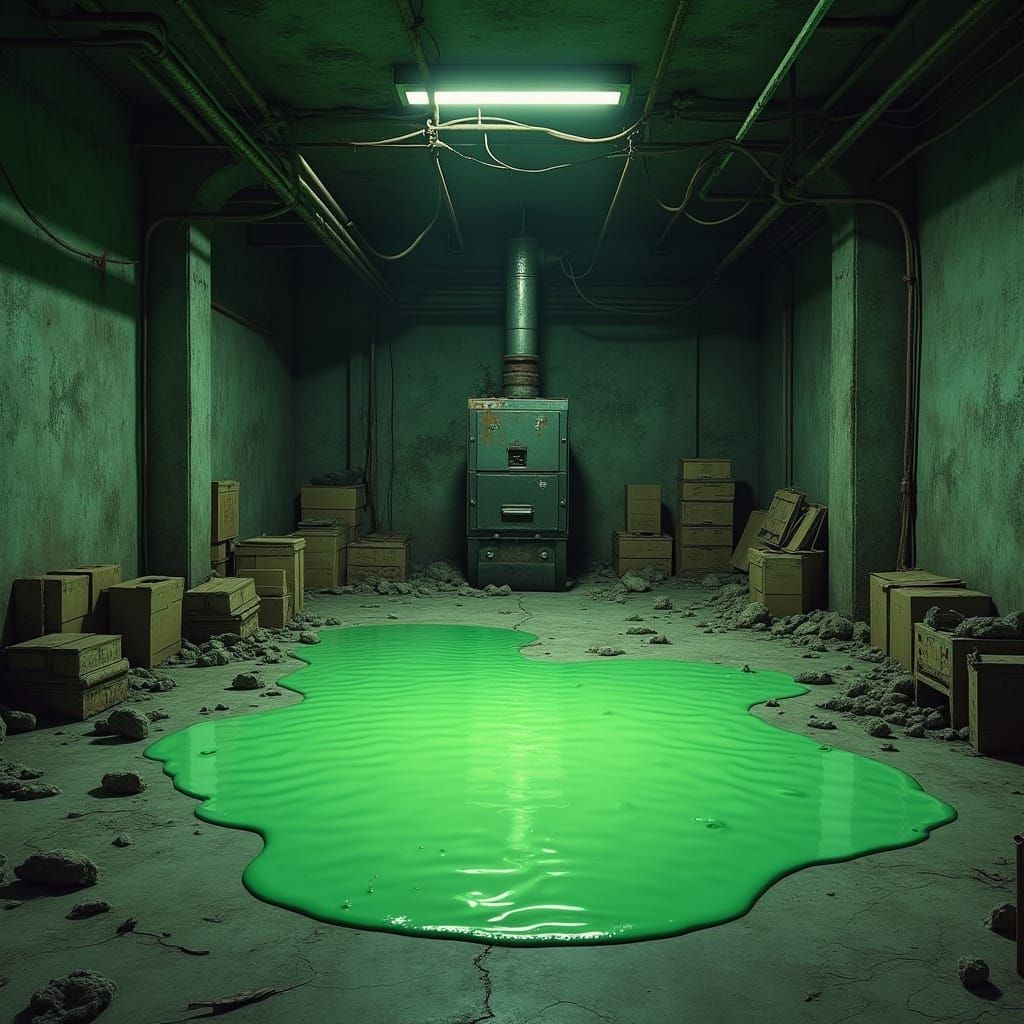 Ominous Green Slime Glows in Hyperrealistic Basement