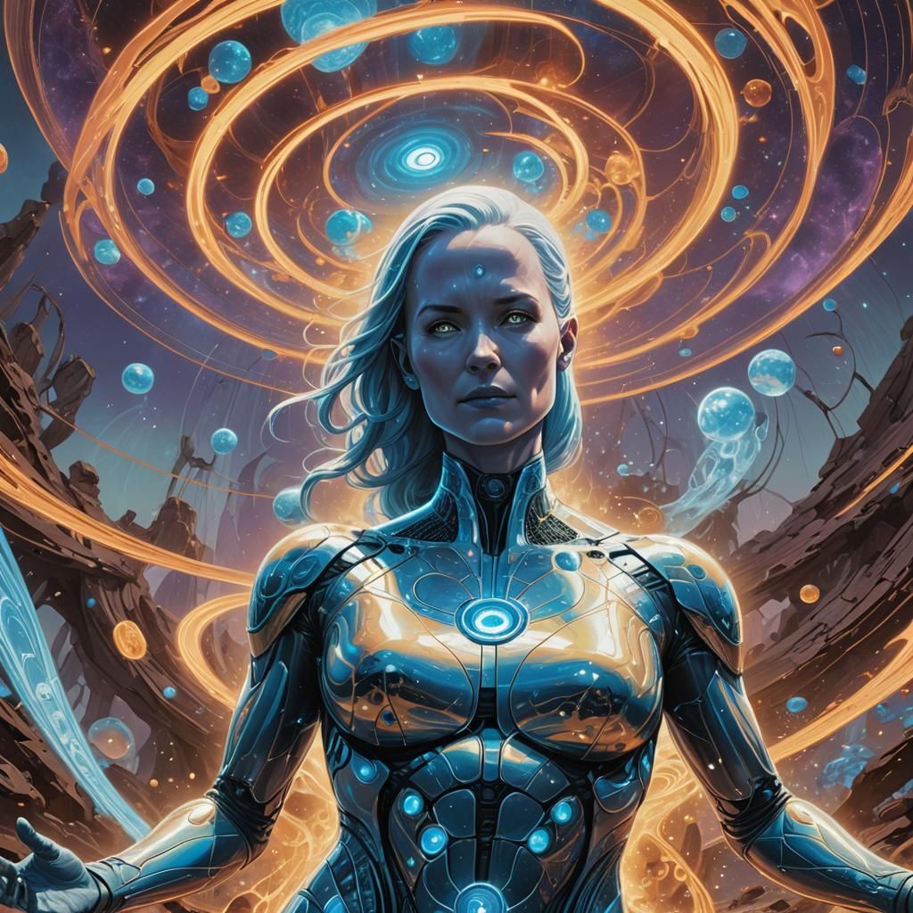 Female Dr. Manhattan in Fractal Landscape, Syd Mead Style