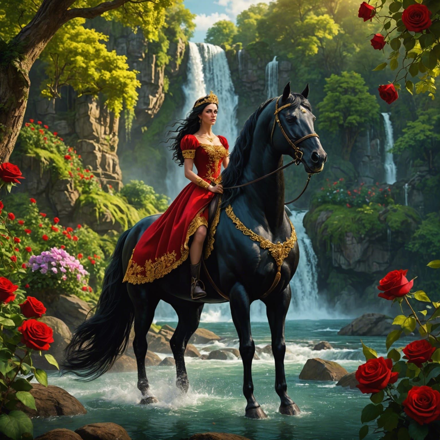 Stallion, Princess, and Forest Waterfall in Fantasy Art
