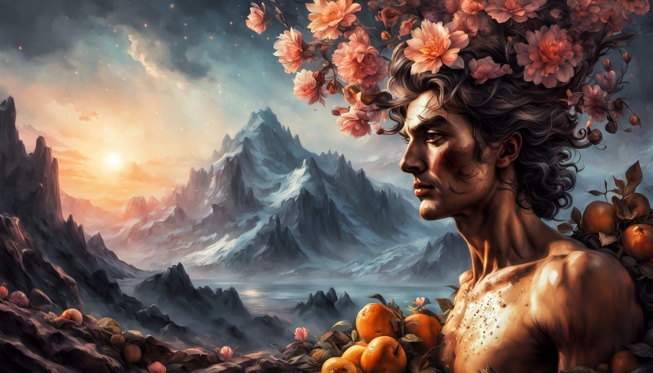 Surreal Man-Tree with Fruiting Faces in Dali Style