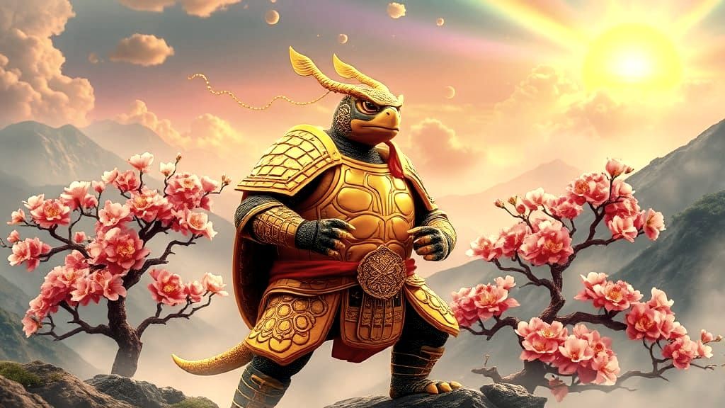 Golden Turtle Warrior in Mythical Korean Landscape
