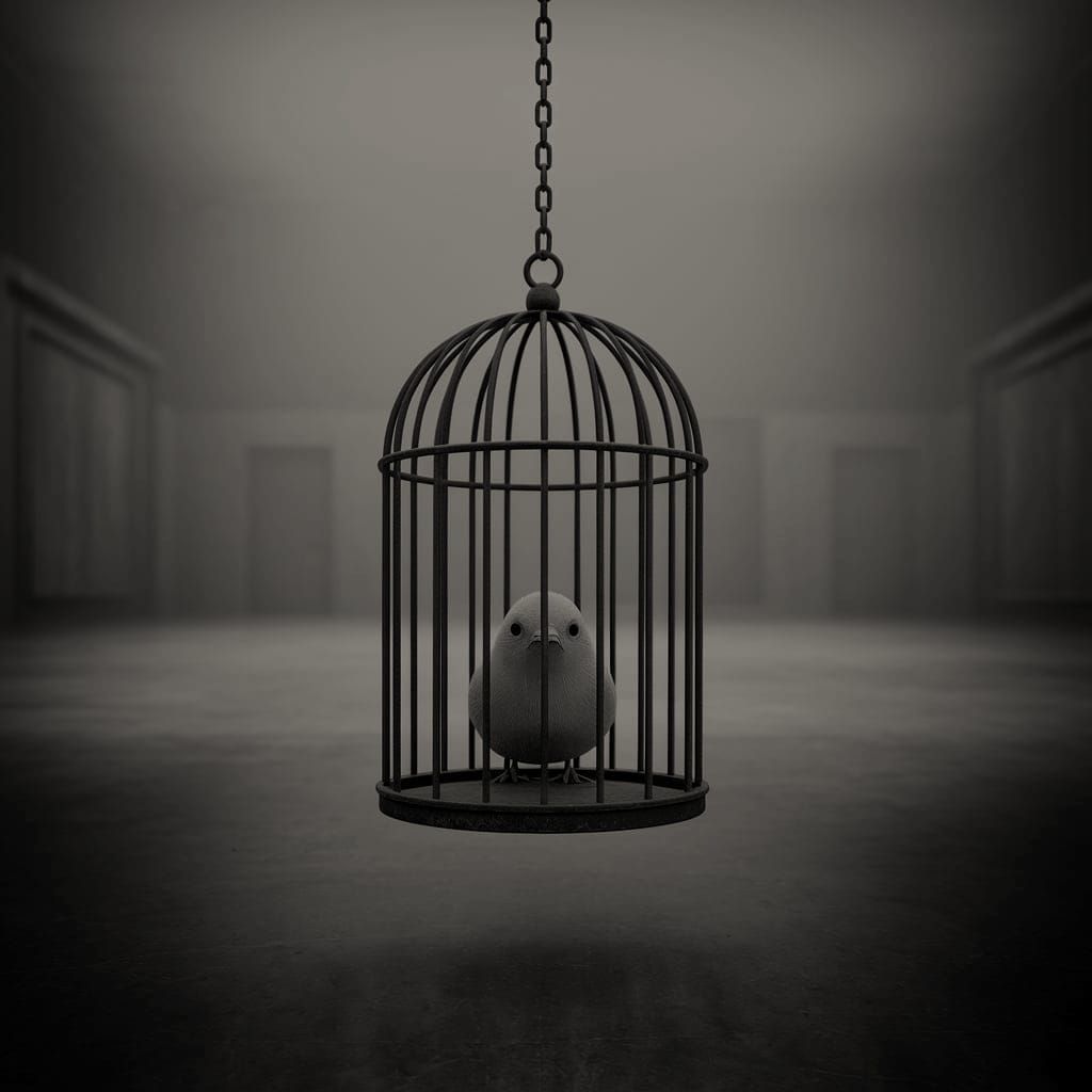 Monochrome Image: Lonely Bird in Cage