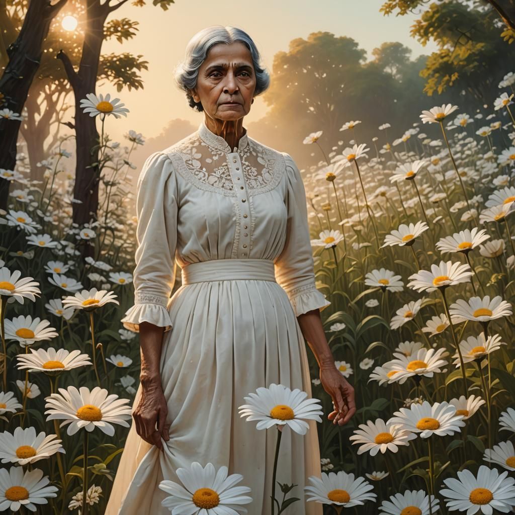 Elderly Woman in Daisy Garden: Surreal Fantasy Art
