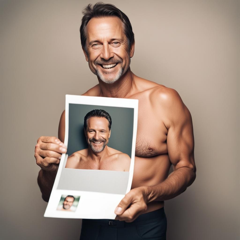 Smiling Man Holding Polaroid: Photorealistic Image