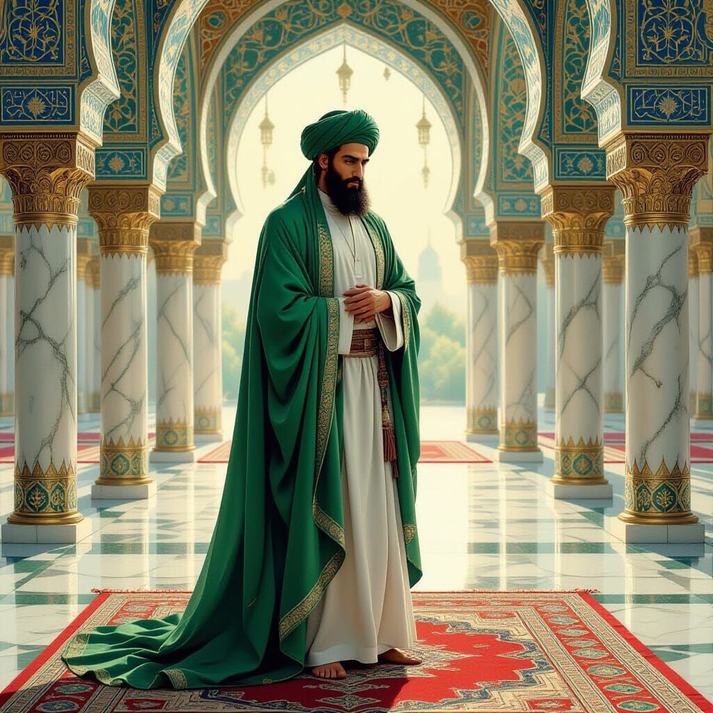 Imam Ali in Mosque with Islamic Art