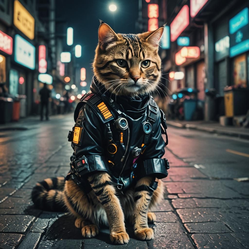 Cyberpunk Cat Roaming Night Street: Cinematic Film Still