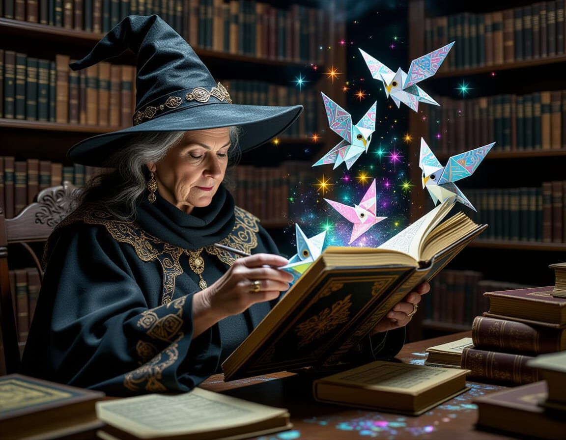 Witch Folds Origami Owls in Ancient Magic Library