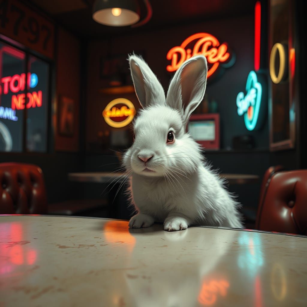 Mysterious White Jackrabbit in Retro-Style Diner