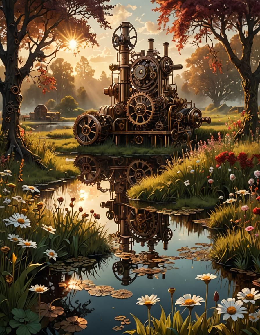 Steampunk Sci-Fi Meadow with Clockwork Machinery